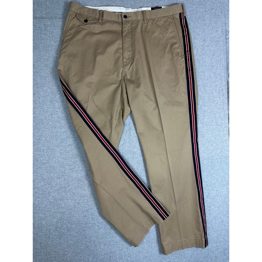 Polo Ralph Lauren Chino Pant Mens 44Bx32 Tan Racing Stripe Stretch Cotton Twill